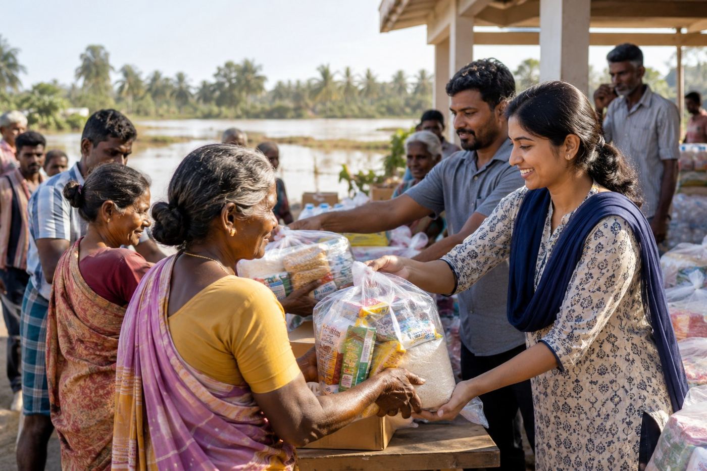 Illustrative image of volunteers handing out food supplies