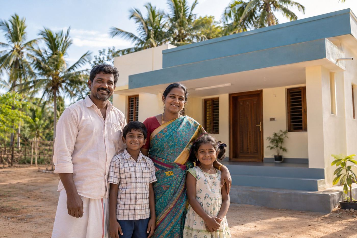 Illustrative image of a family outside their home